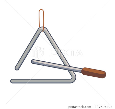Triangle is a musical instrument from the percussion family. Vector metal idiophone with a mallet in a flat style. Used in Mauritius for Sega music. Triangle is a musical instrument from the percussion family. Vector metal idiophone with a mallet in a flat style. Used in Mauritius for Sega music. 117395298
