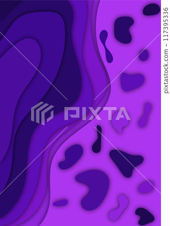 Purple paper art cartoon abstract waves. Paper cut background. Modern origami design template. Vector illustration. eps 10 Purple paper art cartoon abstract waves. Paper cut background. Modern origami design template. Vector illustration. eps 10 117395336