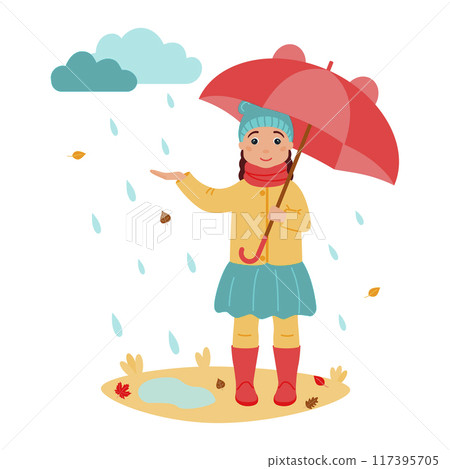 A happy girl under an umbrella in autumn clothes catches raindrops. Leaf fall. Rain. The autumn season. Vector illustration in a flat style on a white background. A happy girl under an umbrella in autumn clothes catches raindrops. Leaf fall. Rain. The autumn season. Vector illustration in a flat style on a white background. 117395705