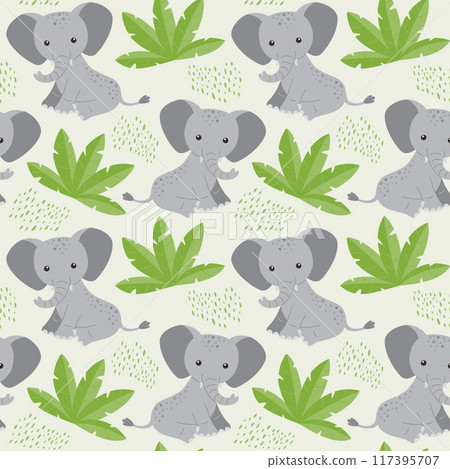 Children's animal seamless pattern. Funny elephant on a green background with leaves and dots. Vector illustration in a flat style. 117395707