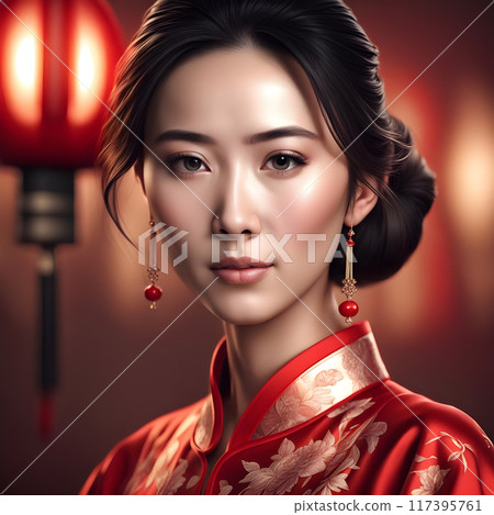 Young Beautiful Asian Woman in an Elegant Red Dress AI Art 117395761