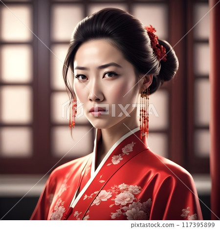 Young Beautiful Asian Woman in an Elegant Red Dress AI Art 117395899