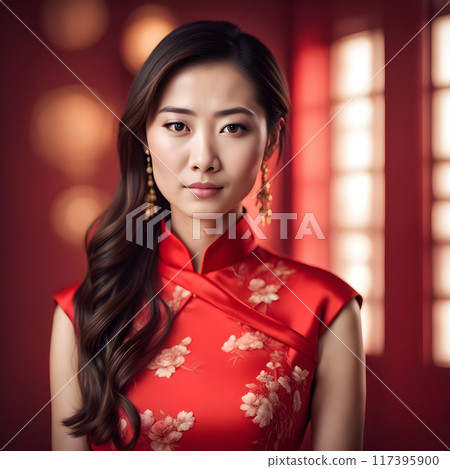 Young Beautiful Asian Woman in an Elegant Red Dress AI Art 117395900