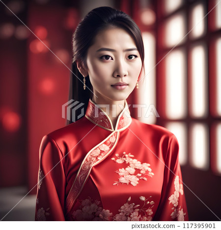 Young Beautiful Asian Woman in an Elegant Red Dress AI Art Young Beautiful Asian Woman in an Elegant Red Dress AI Art 117395901