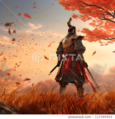 Ancient Chinese Warrior in Autumn Sunrise Scene AI Artwork Ancient Chinese Warrior in Autumn Sunrise Scene AI Artwork 117395958