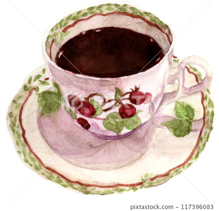 咖啡杯和碟子，咖啡畫水彩 117396083