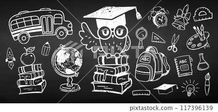 Chalk drawn set of education objects 117396139