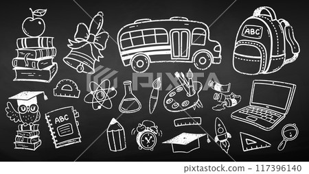 Chalk drawn set of education objects 117396140