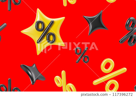 Vibrant seamless pattern featuring a red background with floating 3D percentage symbols and whimsical stars in yellow and black, ideal for engaging graphics related to sales and promotions. 3D. Vibrant seamless pattern featuring a red background with floating 3D percentage symbols and whimsical stars in yellow and black, ideal for engaging graphics related to sales and promotions. 3D. 117396272