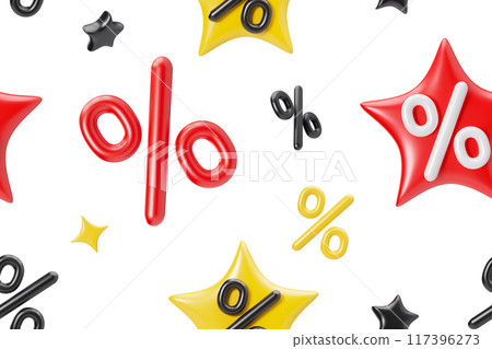 Engaging seamless pattern featuring colorful 3D percentage symbols and stars in red, black, and yellow scattered playfully on white background, perfect for advertising promotions and sales events. 3D. Engaging seamless pattern featuring colorful 3D percentage symbols and stars in red, black, and yellow scattered playfully on white background, perfect for advertising promotions and sales events. 3D. 117396273