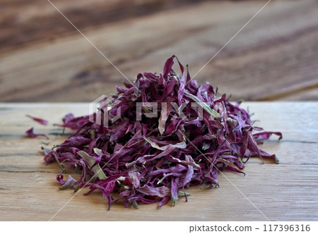 Dried flower petals of Echinacea purpurea, also known as purple coneflower, hedgehog coneflower or echinacea. Dried flower petals of Echinacea purpurea, also known as purple coneflower, hedgehog coneflower or echinacea. 117396316