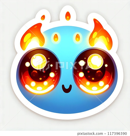 Blue cartoon character with large fiery eyes and flames. Cute mascot sticker with white border isolated on white background. Design for stickers and print. Halloween and monster concept Blue cartoon character with large fiery eyes and flames. Cute mascot sticker with white border isolated on white background. Design for stickers and print. Halloween and monster concept 117396390
