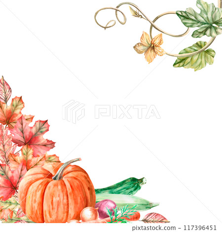 Square frame with pumpkin, autumn leaves, zucchini, beetroot, carrot in watercolor illustration. Harvest theme composition for exhibitions and fairs. Illustration isolated from background. Square frame with pumpkin, autumn leaves, zucchini, beetroot, carrot in watercolor illustration. Harvest theme composition for exhibitions and fairs. Illustration isolated from background. 117396451