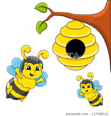 Cartoon character bee. Isolated on white background. Design element. Template for your design, books, stickers, cards. Vector illustration. Cartoon character bee. Isolated on white background. Design element. Template for your design, books, stickers, cards. Vector illustration. 117396522