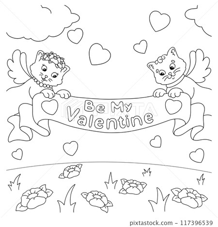 A couple of cats are holding a congratulations ribbon. Coloring book page for kids. Valentine's Day. Cartoon style character. Vector illustration isolated on white background. 117396539