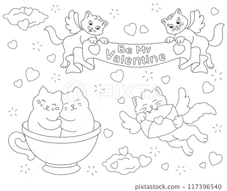 Loving cats. Coloring book page for kids. Valentine's Day. Cartoon style character. Vector illustration isolated on white background. 117396540