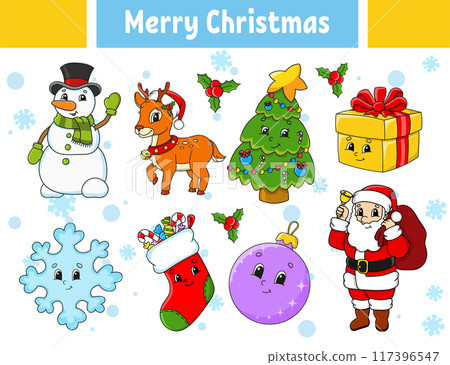 Set of stickers with cute cartoon characters. Winter clipart. Hand drawn. Colorful pack. Vector illustration. Patch badges collection for kids. For daily planner, organizer, diary. 117396547
