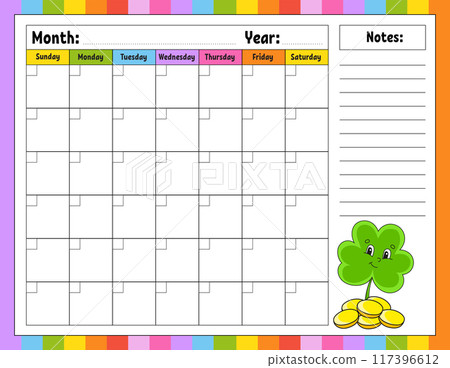 Blank calendar template for one month without dates. Colorful design with a cute character. Vector illustration. Blank calendar template for one month without dates. Colorful design with a cute character. Vector illustration. 117396612
