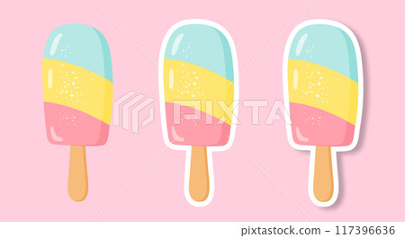A set of stickers with an image of ice cream on a pink background. 117396636