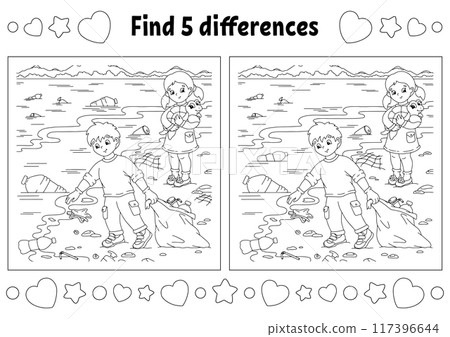 Find five differences. Coloring page for kids. Activity worksheet for children. Vector illustration isolated on white background. 117396644