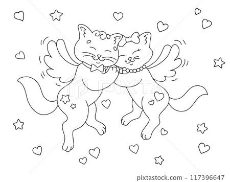 A loving couple of cats with wings. Coloring book page for kids. Cartoon style character. Vector illustration isolated on white background. Valentine's Day. A loving couple of cats with wings. Coloring book page for kids. Cartoon style character. Vector illustration isolated on white background. Valentine's Day. 117396647
