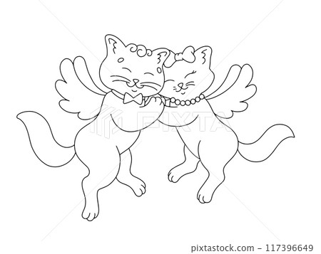 A couple of cats in love. Coloring book page for kids. Cartoon style character. Vector illustration isolated on white background. Valentine's Day. 117396649