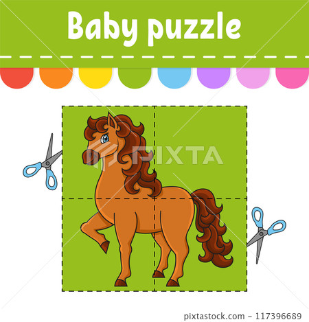 Baby puzzle. Easy level. Cute horse. Farm animal. Flash cards. Cut and play. Color activity worksheet. Game for children. Coon character. Baby puzzle. Easy level. Cute horse. Farm animal. Flash cards. Cut and play. Color activity worksheet. Game for children. Coon character. 117396689