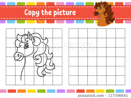 Copy the picture. Horse animal. Coloring book pages for kids. Education developing worksheet. Game for children. Handwriting practice. Coon character. Copy the picture. Horse animal. Coloring book pages for kids. Education developing worksheet. Game for children. Handwriting practice. Coon character. 117396691