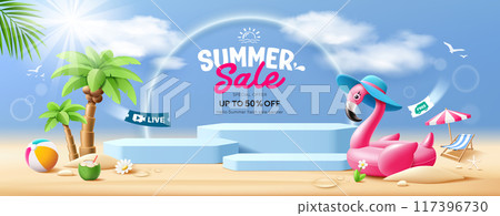 Summer sale, three blue podium, Pink flamingo inflatable, coconut trees, pile of sand, beach umbrella, beach chair and beach ball, banner desig 117396730