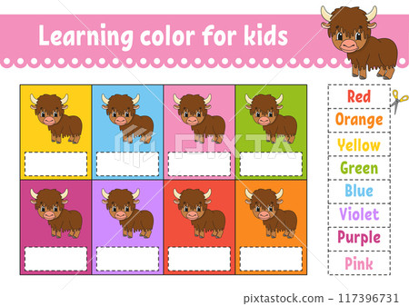 Learning color for kids. Education developing worksheet. Activity page with color pictures. Riddle for children. Funny character. cartoon style. Vector illustration. 117396731