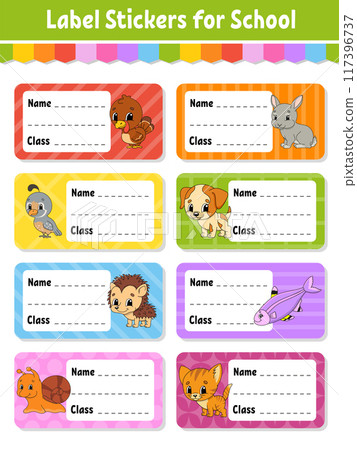 Bright stickers. Name and class. Back to school labels. Set stickers for notebook. Rectangular label. Color vector isolated illustration. 117396737