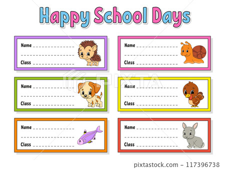 Bright stickers. Name and class. Back to school labels. Set stickers for notebook. Rectangular label. Color vector isolated illustration. 117396738