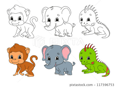 Set coloring page for kids. Cute cartoon characters. Black stroke. With sample. Bright stickers. Vector illustration. Set coloring page for kids. Cute cartoon characters. Black stroke. With sample. Bright stickers. Vector illustration. 117396753