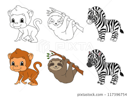 Set coloring page for kids. Cute cartoon characters. Black stroke. With sample. Bright stickers. Vector illustration. 117396754