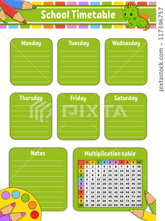 School timetable with multiplication table. For the education of children. Isolated on a white background. With a cute cartoon character. Vector illustration. 117396757