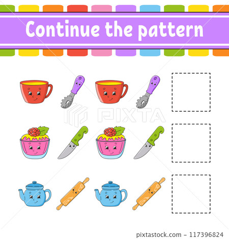 Continue the pattern. Education developing worksheet. Game for kids. Activity page. Puzzle for children. Riddle for preschool. Cute cartoon style. Vector illustration. 117396824