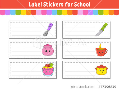 School labels for books and notebooks. Bright stickers. Rectangular label. Vector illustration. 117396839