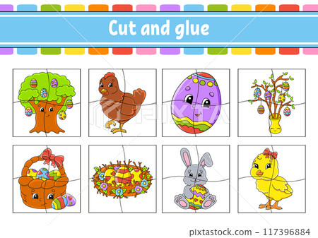 Cut and glue. Set flash cards. Education worksheet. Activity page. Game for children. cartoon character. Vector illustration. 117396884