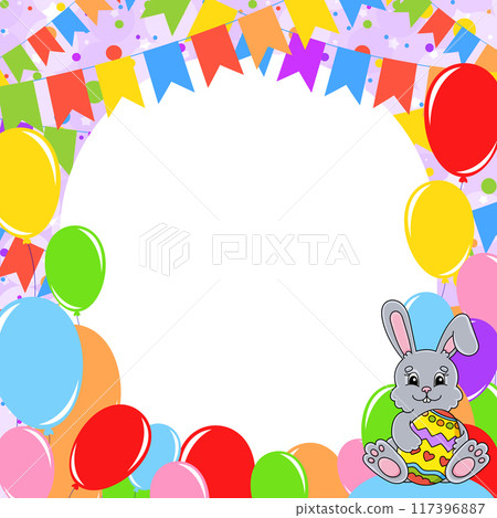 Happy birthday greeting card with a cute cartoon character. With copy space for your text. Picture on the background of bright balloons, confetti and garlands. Vector illustration. Happy birthday greeting card with a cute cartoon character. With copy space for your text. Picture on the background of bright balloons, confetti and garlands. Vector illustration. 117396887