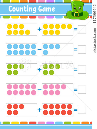 Addition and subtraction. Task for kids. Education developing worksheet. Activity color page. Game for children. Funny character. cartoon style. Vector illustration. Addition and subtraction. Task for kids. Education developing worksheet. Activity color page. Game for children. Funny character. cartoon style. Vector illustration. 117396942