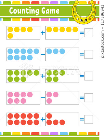 Addition and subtraction. Task for kids. Education developing worksheet. Activity color page. Game for children. Funny character. cartoon style. Vector illustration. Addition and subtraction. Task for kids. Education developing worksheet. Activity color page. Game for children. Funny character. cartoon style. Vector illustration. 117396943
