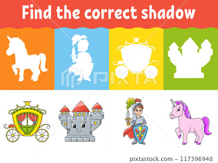 Find the correct shadow. Education worksheet. Matching game for kids. Fairytale theme. Color activity page. Puzzle for children. Cartoon character. Isolated vector illustration. 117396948
