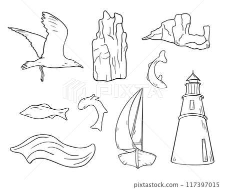 Nautical set vector graphic illustrations. Sailing ship and lighthouse ink silhouette hand drawn. Elements for design seascape wave rocks bird and fish black and white line. Marine clipart contour. 117397015