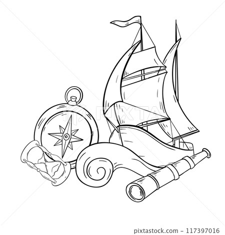 Sailing ship on curly wave black and white vector isolated. Sailing boat and adventure items hand drawn ink silhouette. Compass, spyglass graphic illustration. Simple nautical drawing outline Sailing ship on curly wave black and white vector isolated. Sailing boat and adventure items hand drawn ink silhouette. Compass, spyglass graphic illustration. Simple nautical drawing outline 117397016