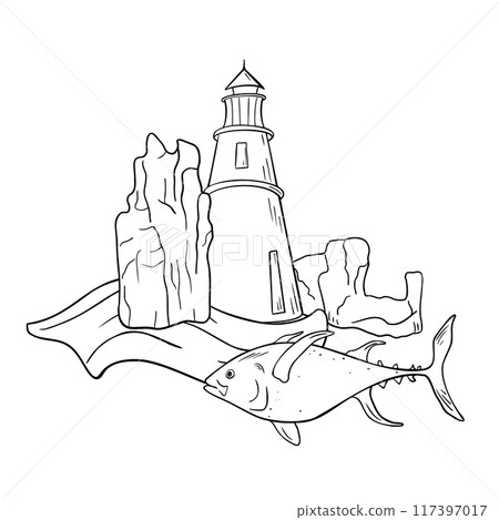 Marine composition with fish black and white line art. Lighthouse and rocks with ocean creature vector graphic drawn illustration. Big fish on wave painted by ink silhouette for nautical themes. 117397017