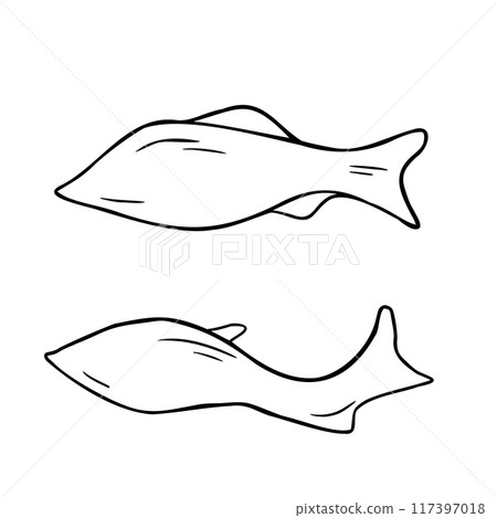 Silhouettes salmon, trout black and white vector illustration isolated. Swimming fishes hand drawn ink silhouette. Simple sea fish in contour. Fish elements for package, label, menu, market 117397018