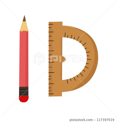 Simple school supplies illustration flat doodle pencil and ruler isolated 117397019
