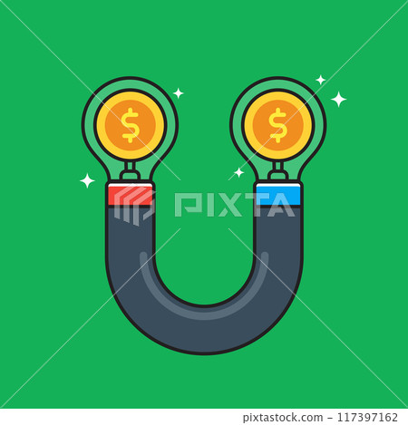 Magnet with a money bulb at its tip. Isolated Vector Illustration 117397162