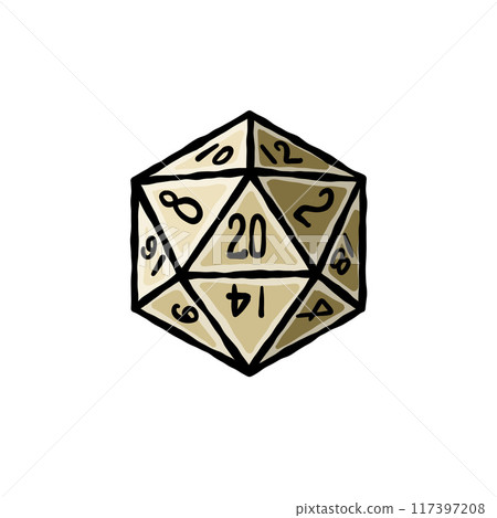 D20 dice for dnd board game. Fantasy tabletop icosahedron illustration in retro style 117397208