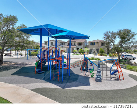 Colorful children playground activities in community public park  117397213